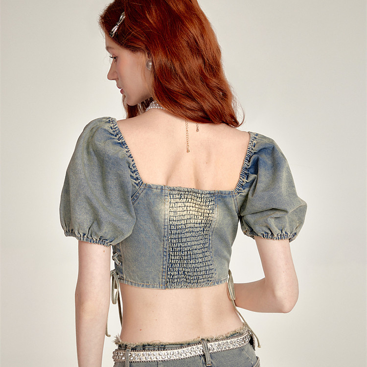 Lace-up Smocking Waist Slim Fit Cropped Denim Top - Image 5