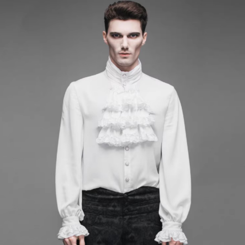 Mens Gothic Ruffle-Trimmed Stand-Up Collar Long-Sleeve Tie Shirt