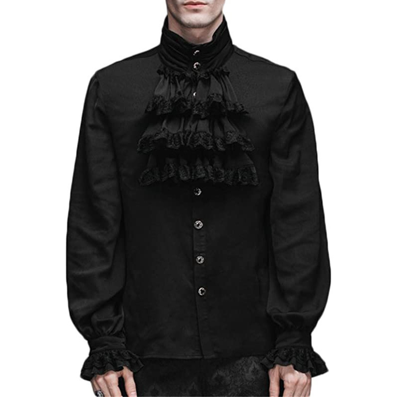 Mens Gothic Ruffle-Trimmed Stand-Up Collar Long-Sleeve Tie Shirt - Image 8