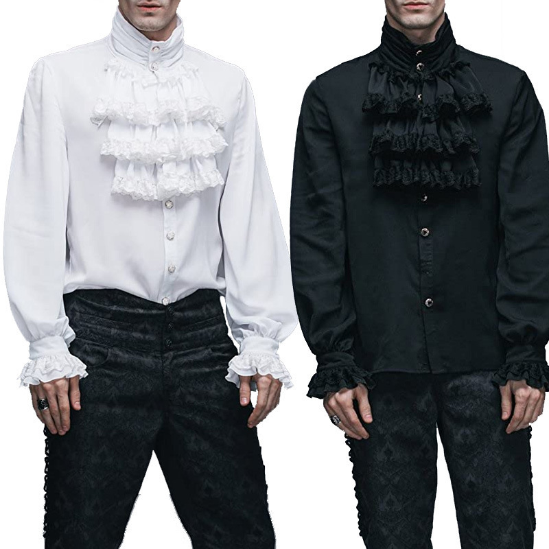 Mens Gothic Ruffle-Trimmed Stand-Up Collar Long-Sleeve Tie Shirt - Image 2