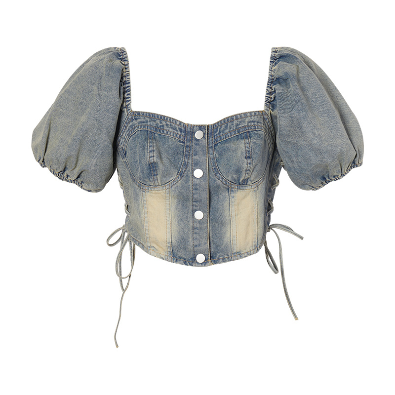 Lace-up Smocking Waist Slim Fit Cropped Denim Top - Image 6