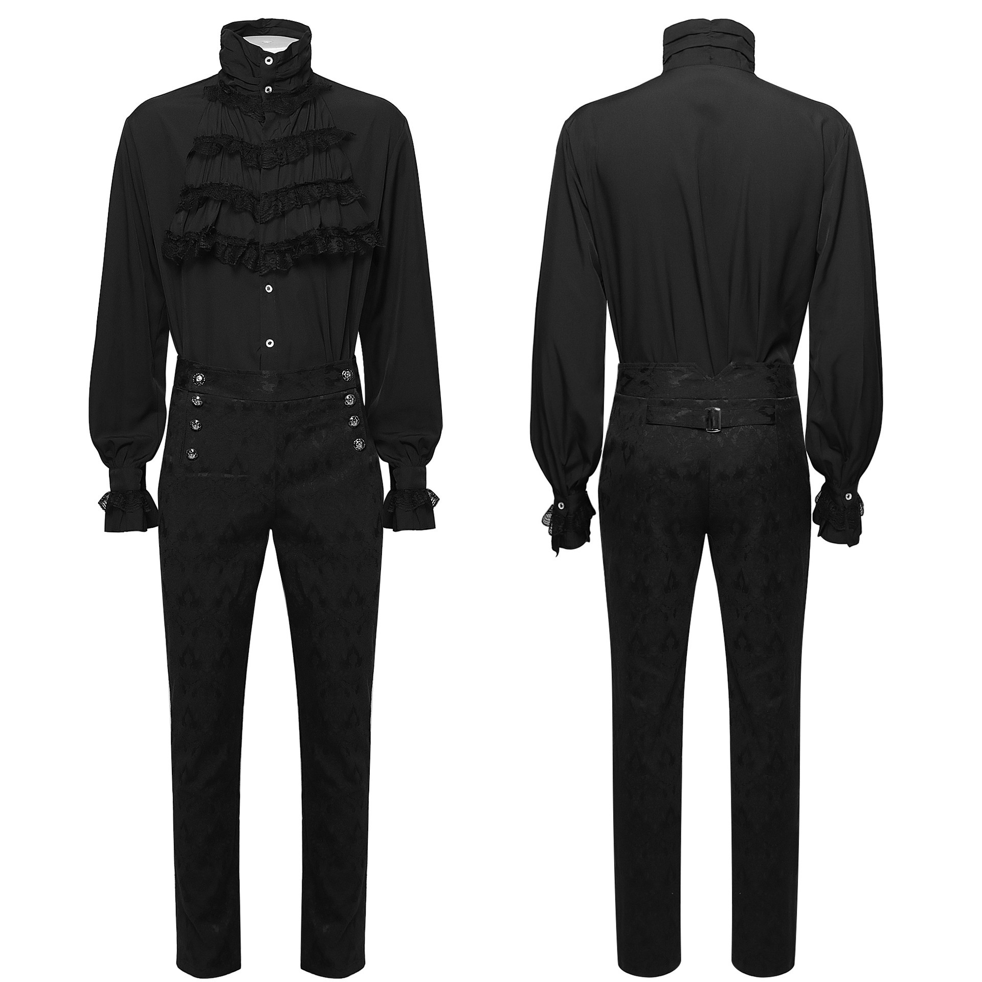 Mens Gothic Ruffle-Trimmed Stand-Up Collar Long-Sleeve Tie Shirt - Image 6