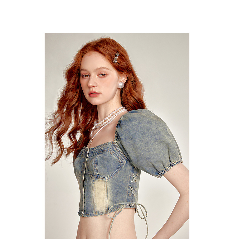 Lace-up Smocking Waist Slim Fit Cropped Denim Top - Image 3