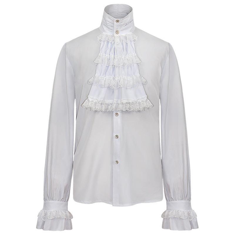 Mens Gothic Ruffle-Trimmed Stand-Up Collar Long-Sleeve Tie Shirt - Image 3