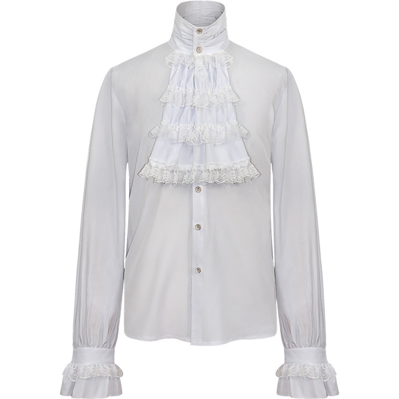 Mens Gothic Ruffle-Trimmed Stand-Up Collar Long-Sleeve Tie Shirt - Image 7