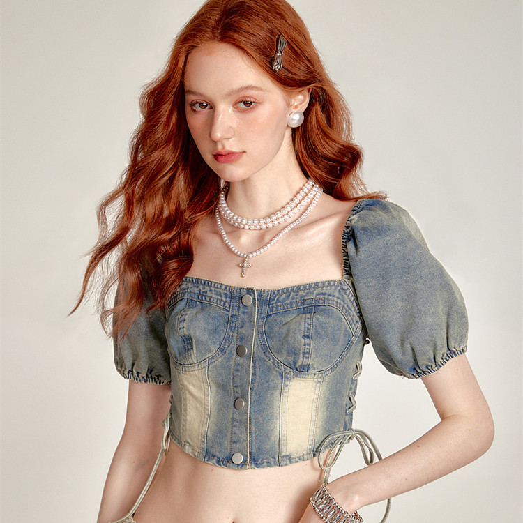 Lace-up Smocking Waist Slim Fit Cropped Denim Top - Image 8